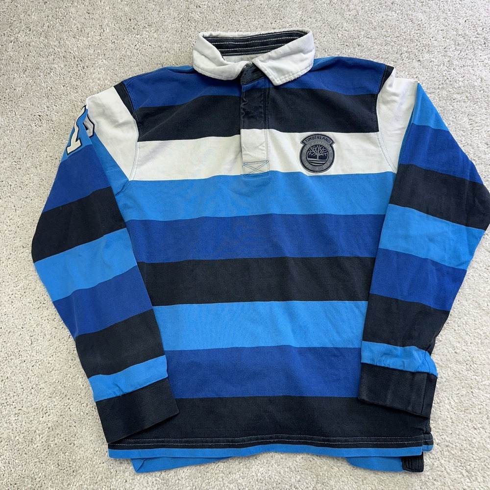 Vintage Timberland Men's Striped Long Sleeve Polo 100% Cotton Medium Y2K